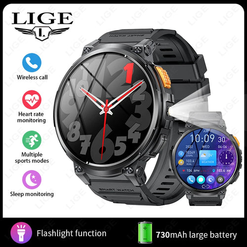 "LIGE K66 Outdoor Smart Watch – 1.85" HD Display, Bluetooth Call & Flashlight, 730mAh Battery