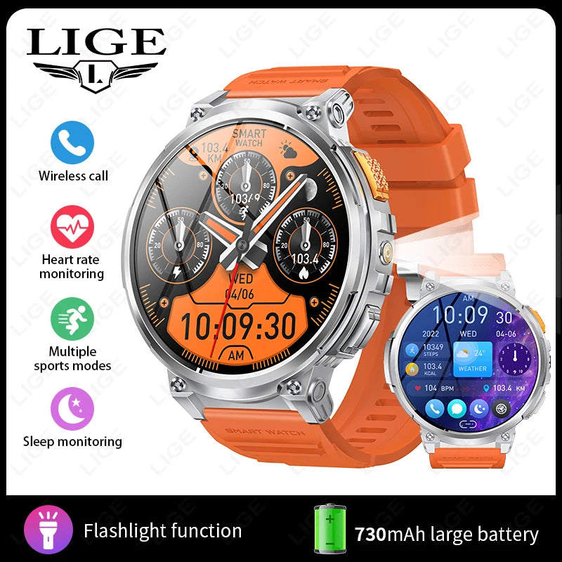 "LIGE K66 Outdoor Smart Watch – 1.85" HD Display, Bluetooth Call & Flashlight, 730mAh Battery