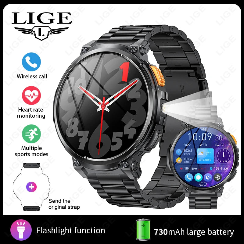"LIGE K66 Outdoor Smart Watch – 1.85" HD Display, Bluetooth Call & Flashlight, 730mAh Battery