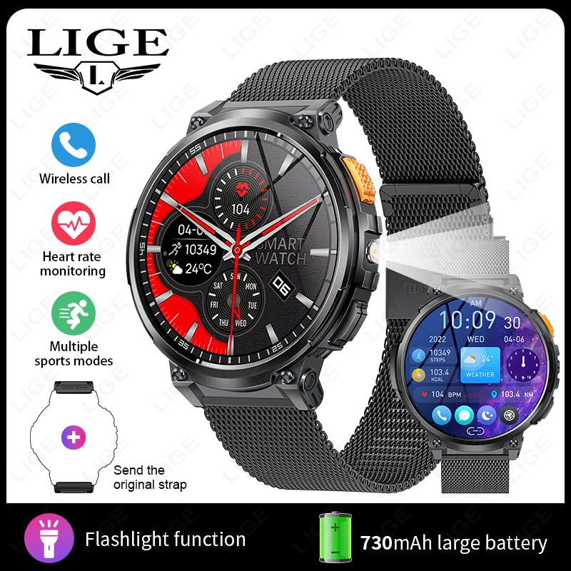 "LIGE K66 Outdoor Smart Watch – 1.85" HD Display, Bluetooth Call & Flashlight, 730mAh Battery