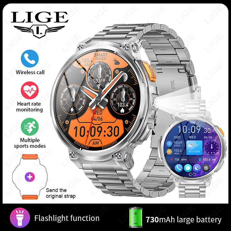 "LIGE K66 Outdoor Smart Watch – 1.85" HD Display, Bluetooth Call & Flashlight, 730mAh Battery