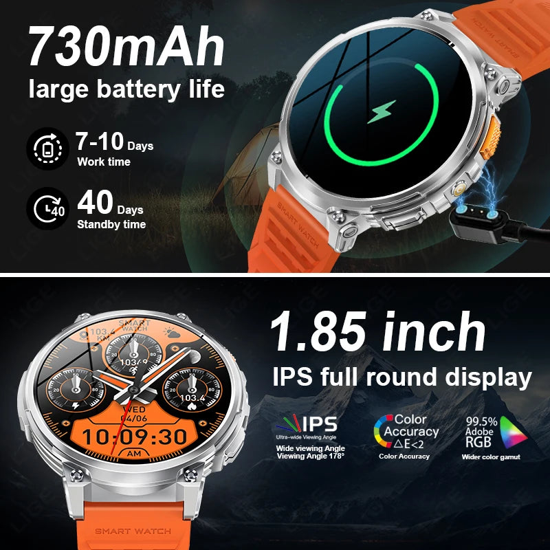 "LIGE K66 Outdoor Smart Watch – 1.85" HD Display, Bluetooth Call & Flashlight, 730mAh Battery