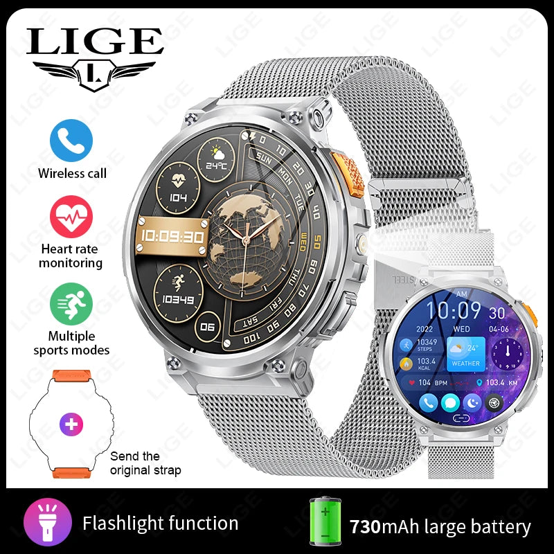 "LIGE K66 Outdoor Smart Watch – 1.85" HD Display, Bluetooth Call & Flashlight, 730mAh Battery